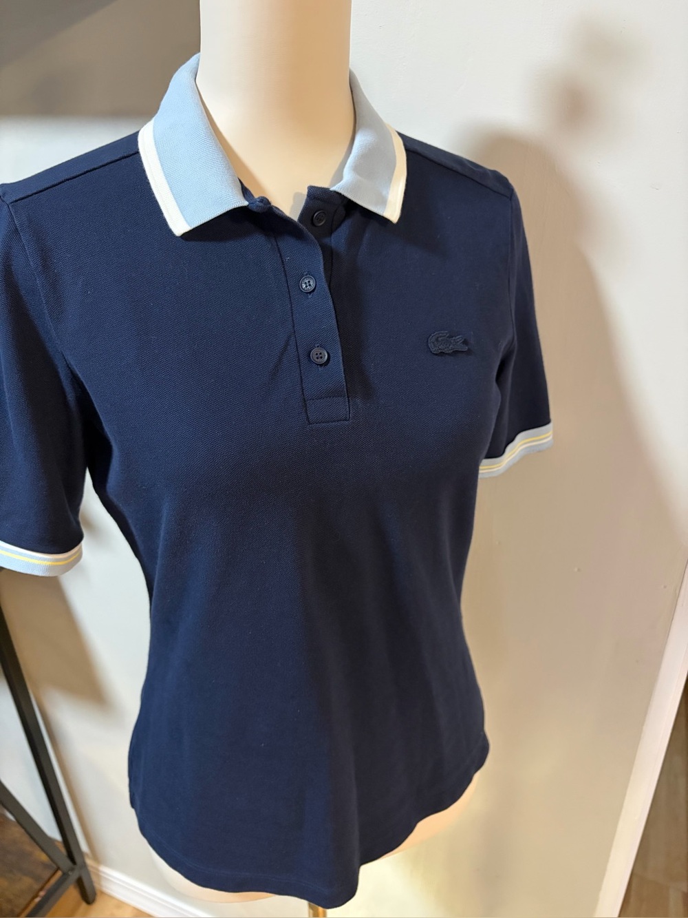 Lacoste Slim Fit Navy Short Sleeve Polo with Light Blue and White Trim